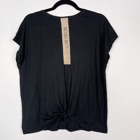 Victorias Secret Sport XSmall XS Black Glitter Logo Tie Back Tee Tshirt Spellout - Picture 2 of 9